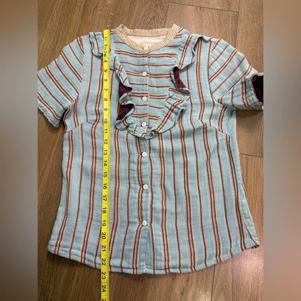 Ace & Jig Gauze Cotton Ruffle Blouse Striped Blue Brown Button Front Size XS - Picture 9 of 9